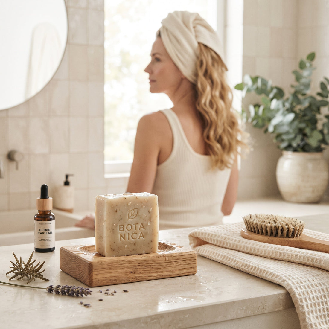 Champú sólido natural sobre jabonera para el cuidado del cabello