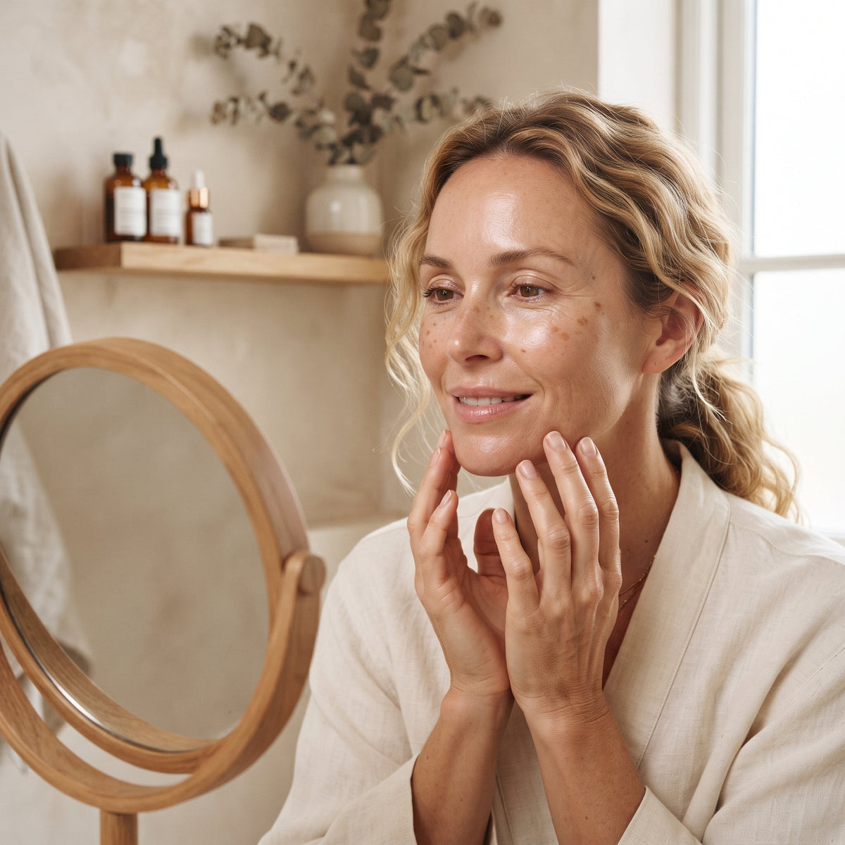 Mujer observando manchas en la cara durante su rutina facial.