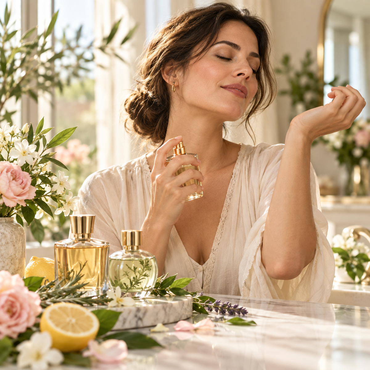Mujer aplicando un perfume natural elaborado con ingredientes botánicos