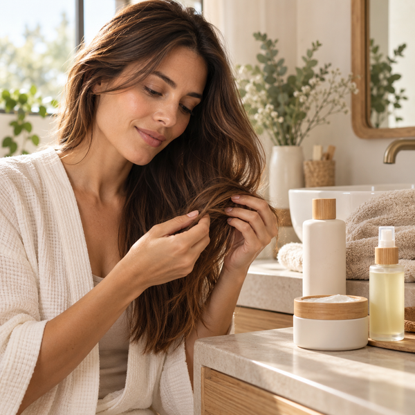 Mujer cuidando su cabello debilitado con una rutina capilar reparadora