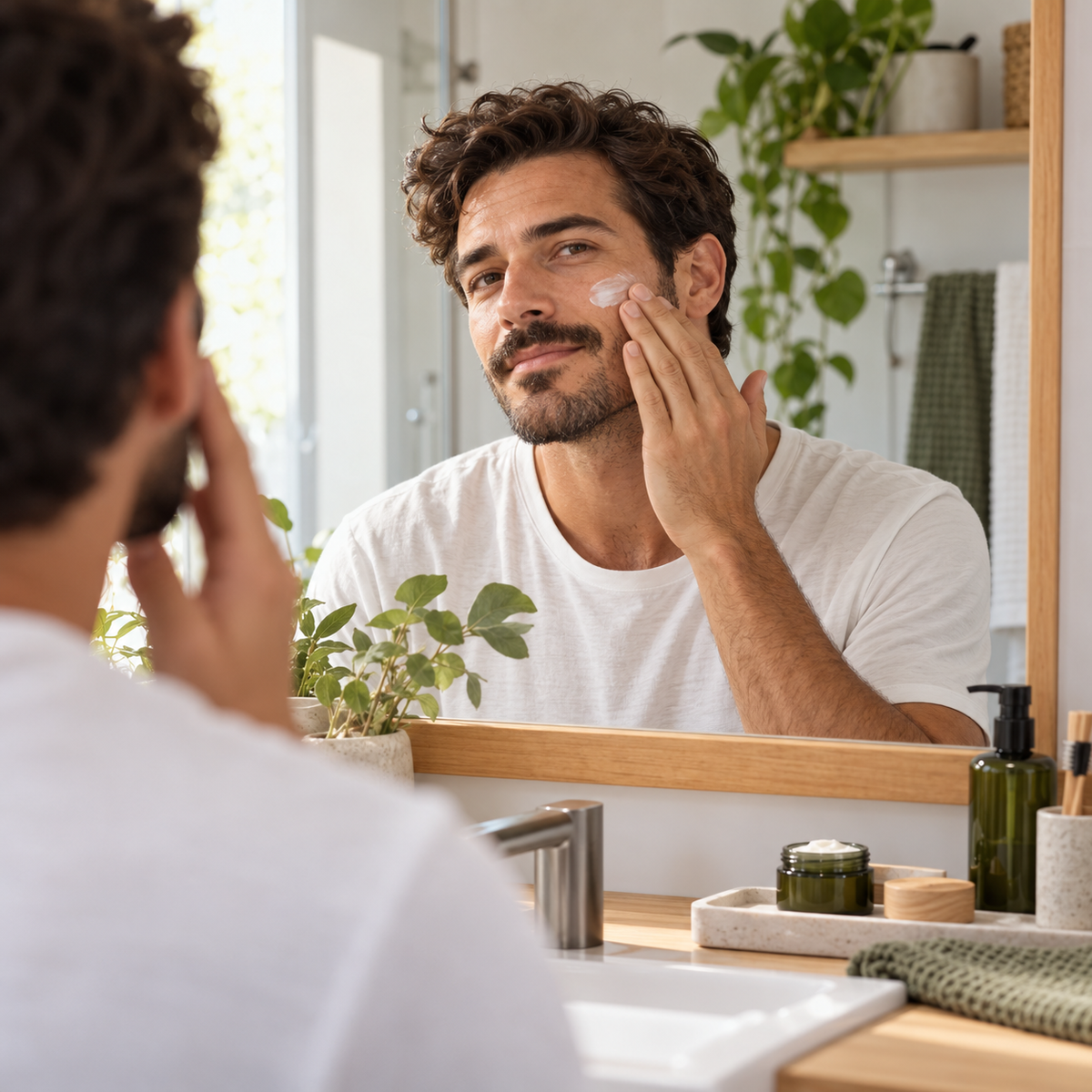 Hombre realizando una rutina facial natural durante Movember