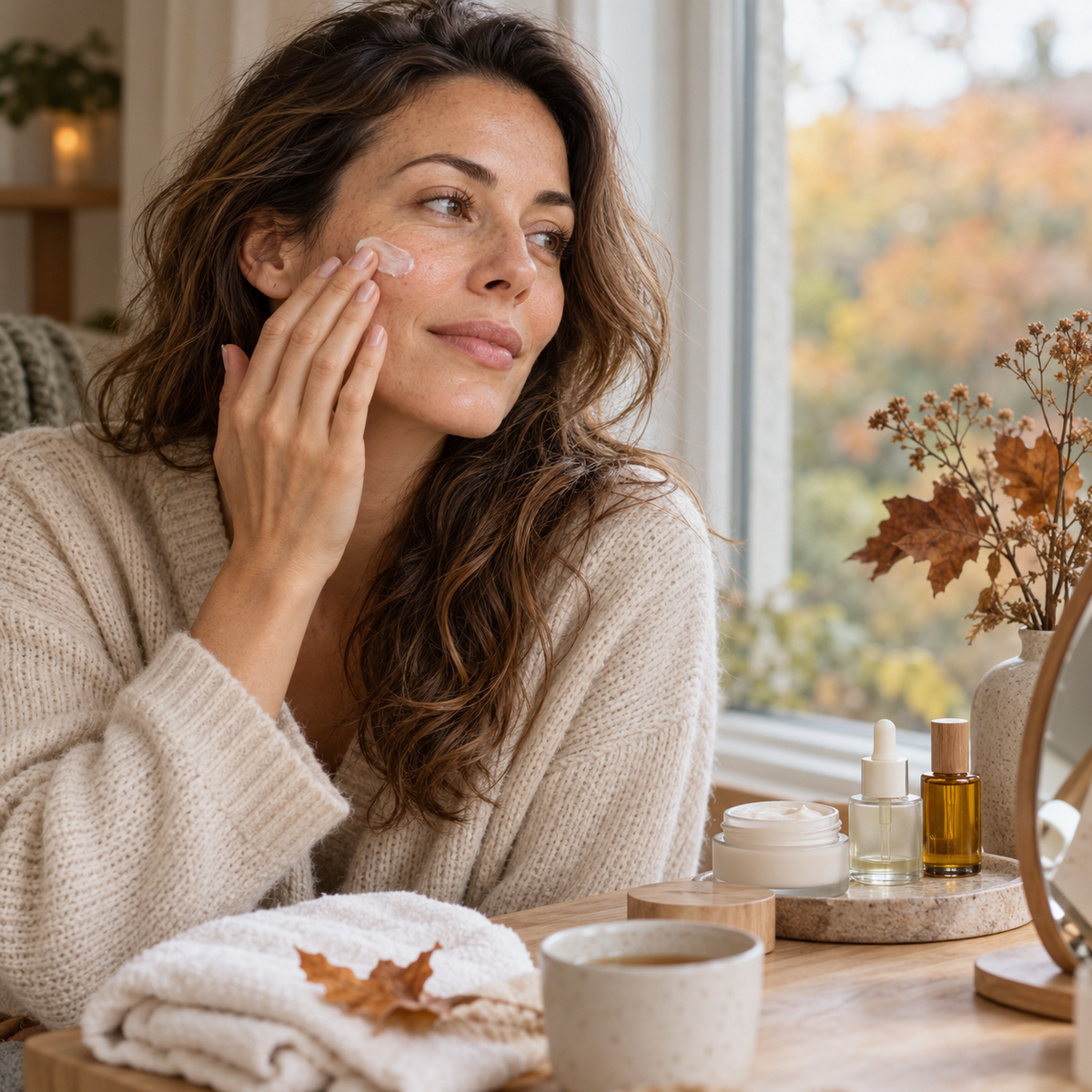 Mujer aplicando sérum facial durante su rutina de belleza de otoño