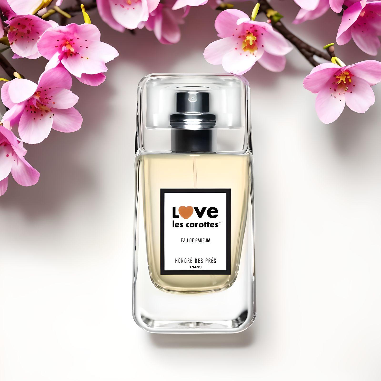 Botella de perfume "I Love Les Carottes" de Honoré des Prés, 50ml, presentada sobre un fondo minimalista, reflejando su pureza y elegancia natural.