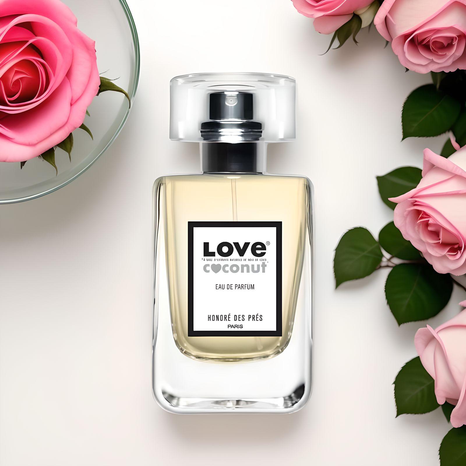 Botella de 50 ml de perfume Love Coconut de Honoré des Prés, con un diseño elegante y tropical que evoca la esencia natural del coco.