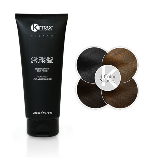 Gel de peinado Kmax en un envase moderno, diseñado para aportar volumen y fijación duradera al cabello, mostrado sobre un fondo neutro.