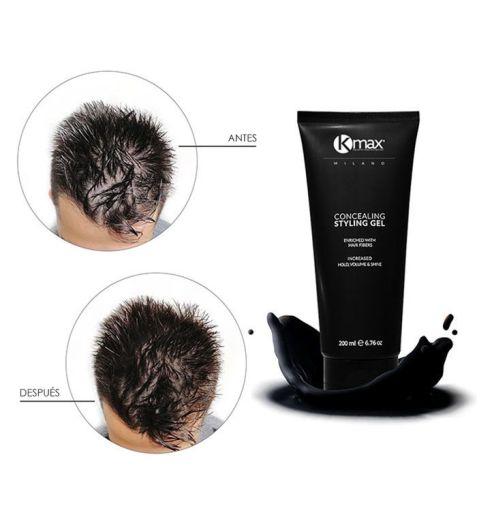 Gel de peinado Kmax en un envase moderno, diseñado para aportar volumen y fijación duradera al cabello, mostrado sobre un fondo neutro.