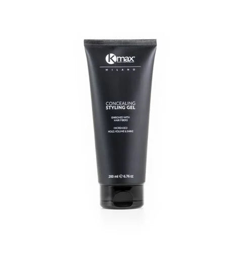 Gel de peinado Kmax en un envase moderno, diseñado para aportar volumen y fijación duradera al cabello, mostrado sobre un fondo neutro.