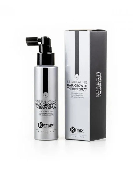 Tratamiento KMAX para el crecimiento del cabello en su envase original, mostrando la botella y el aplicador, diseñado para fortalecer y revitalizar el cabello.