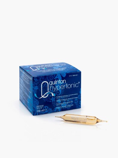 Ampollas Quinton Hipertónico de 10 ml, presentadas en una caja de 30 unidades, utilizadas para mejorar la salud y el equilibrio mineral del cuerpo.