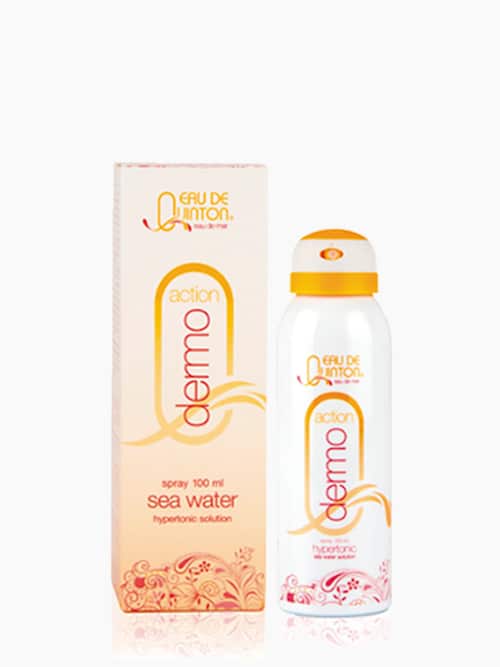 Imagen de un spray de 100 ml de Solución Isotónica Quinton, diseñado para la higiene nasal diaria, con un envase azul y blanco que destaca su fórmula natural y suave.